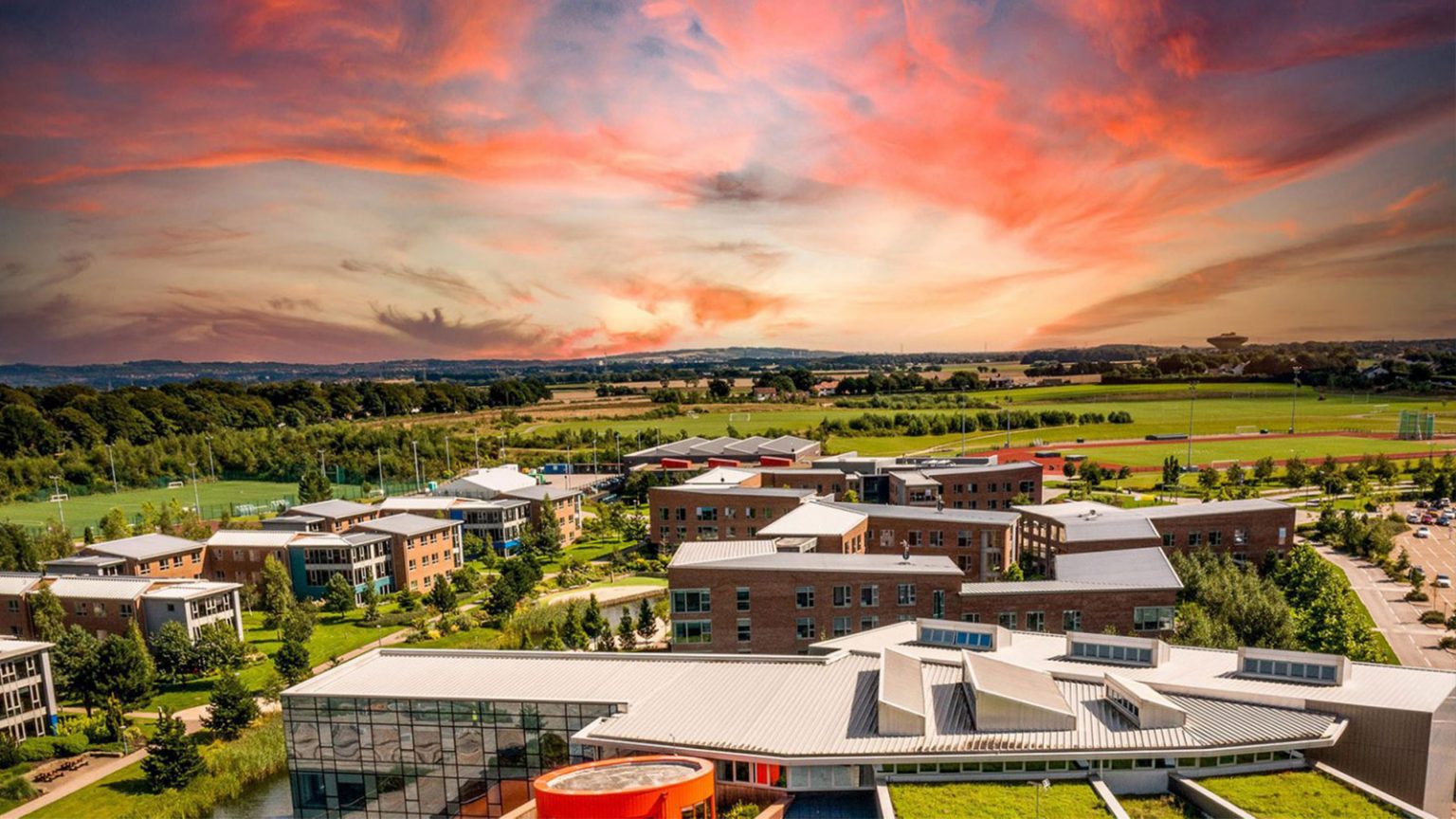 An aerial shot of the Edge Hill University campus at sunset