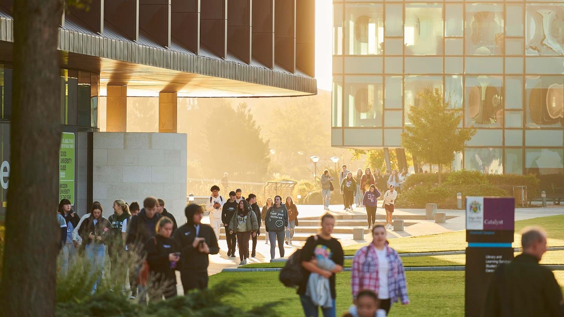 Students walking near a building